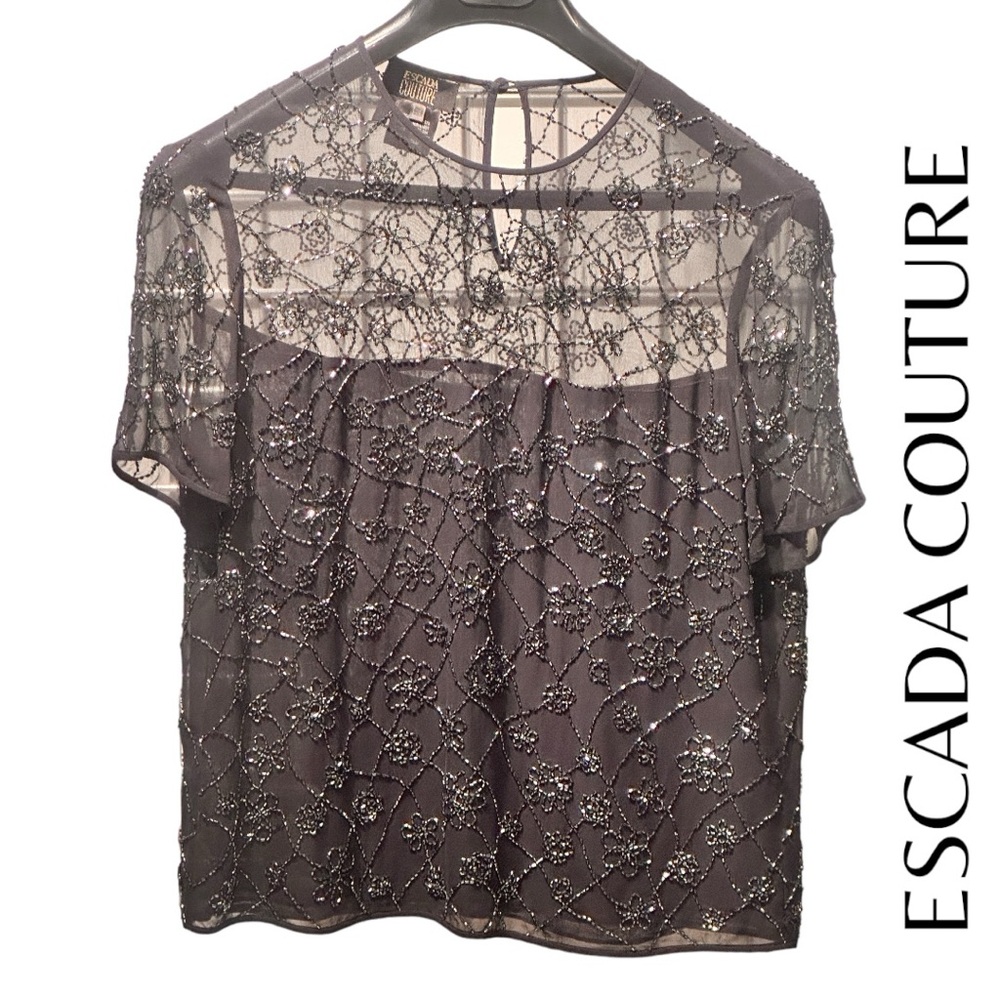 ESCADA COUTURE Black Beaded Short Sleeved Top (Size 38/8)